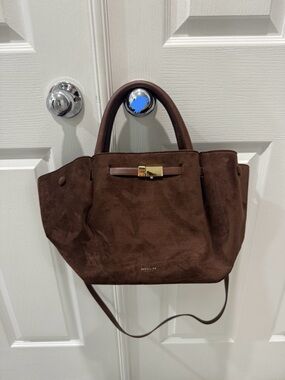 Chocolate Brown Suede Shoulder Tote with Gold Accent
